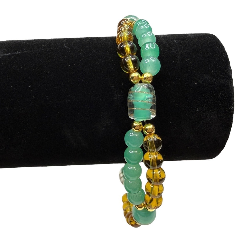 Double Glass Beaded Strand Bracelet Amber Green Gold Tone Accents Wrist Size 8